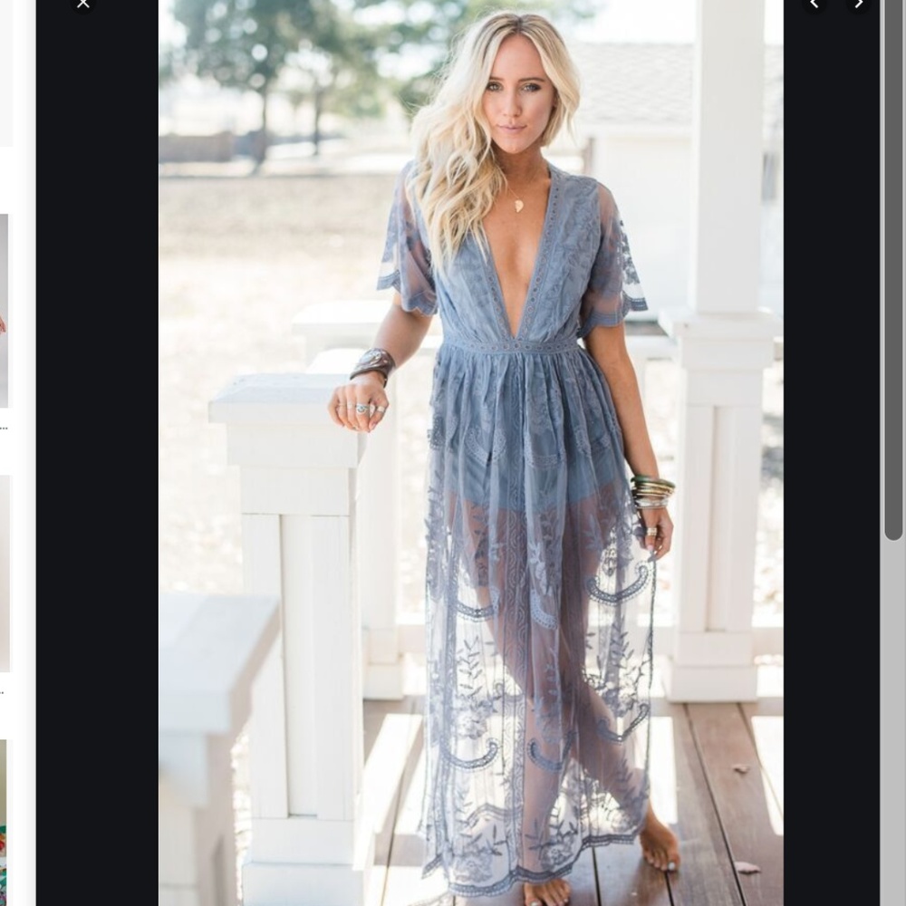 Honey Punch Mila Dusty Blue Lace Maxi Romper